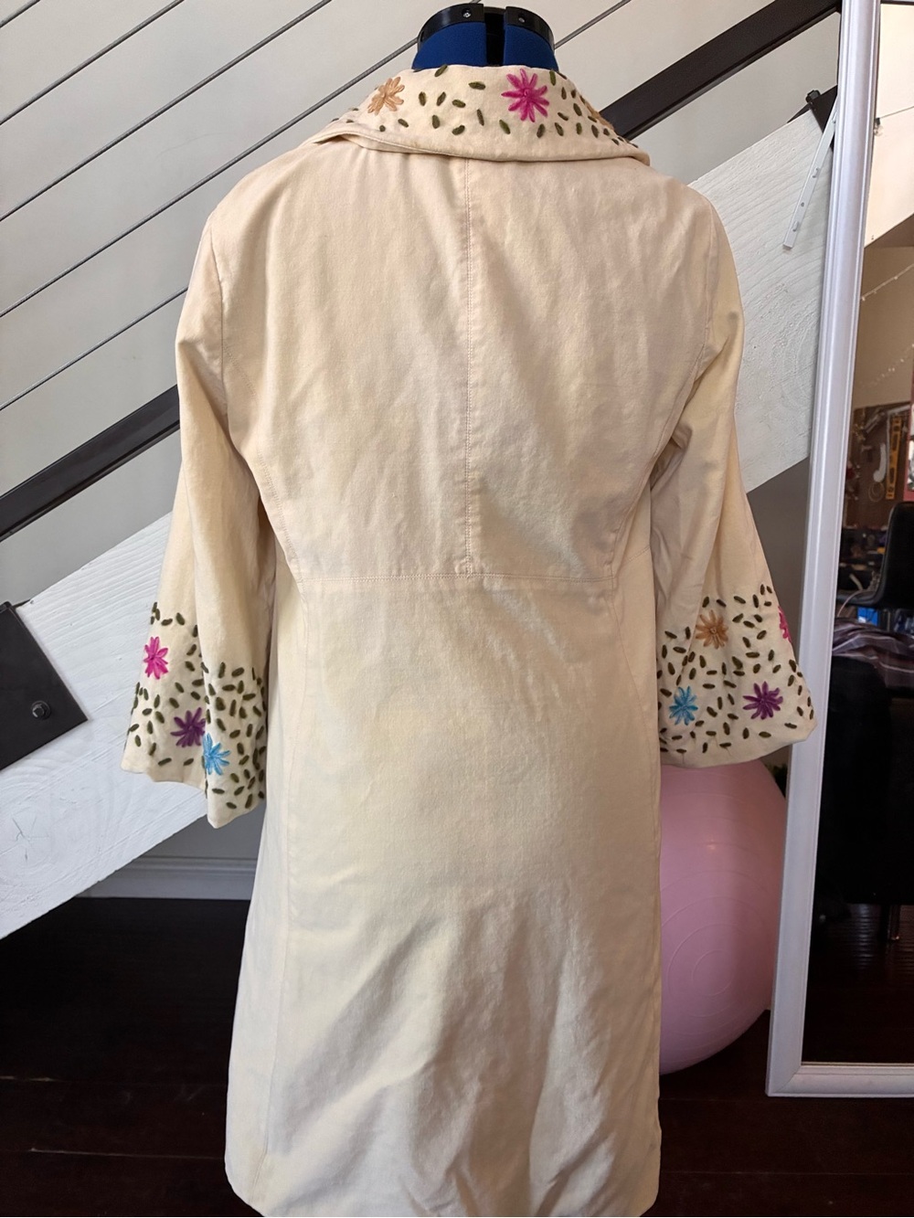 Cream Embroidered Floral Long Coat - Picture 2 of 6